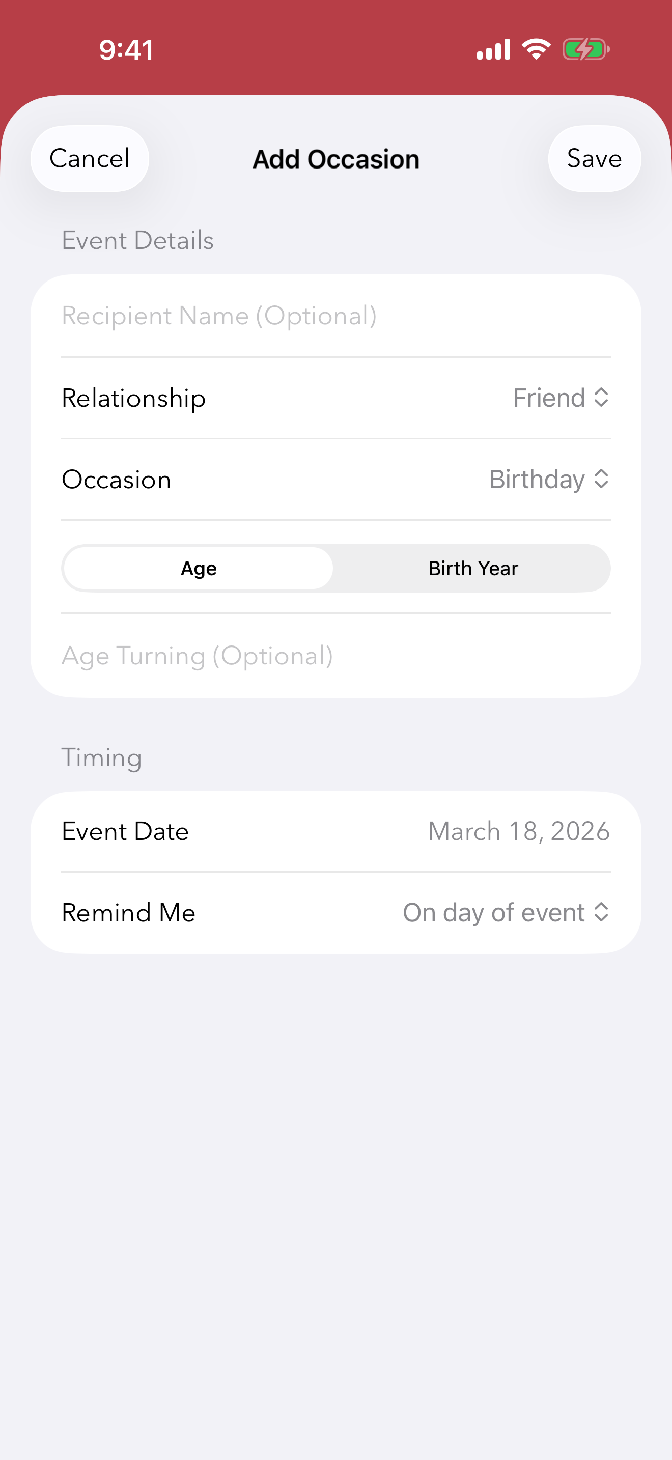 CardCue add reminder screen